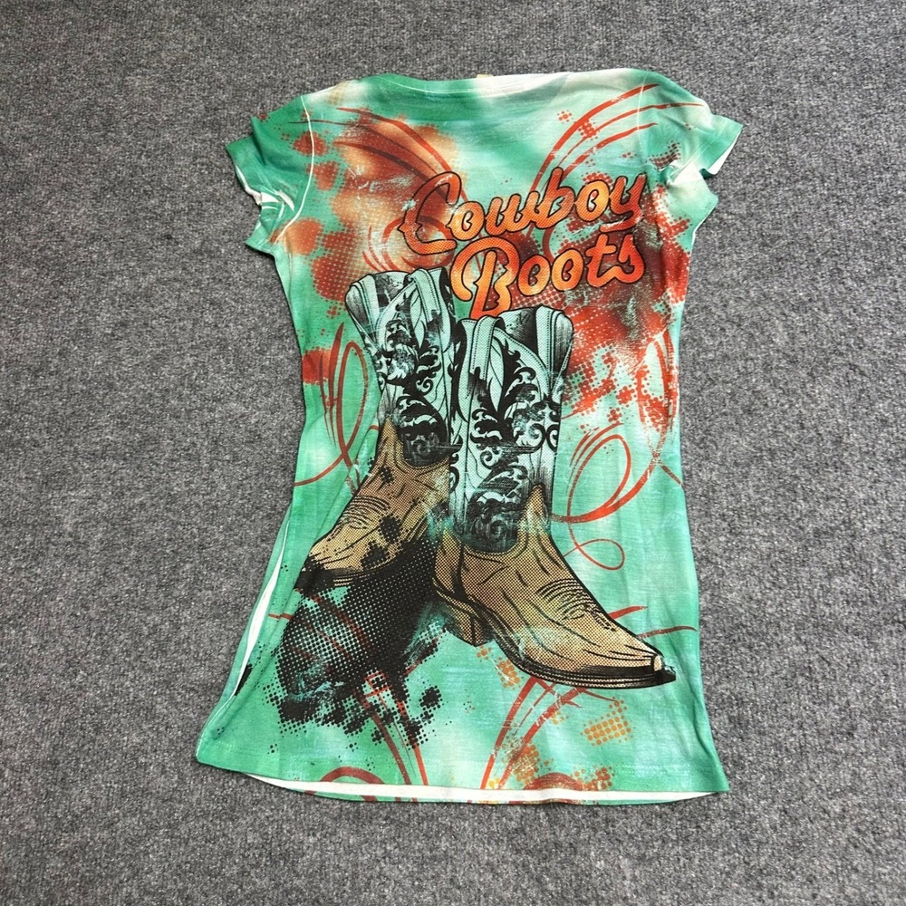 R. Rouge T-Shirt Womens Size S Green Cowboy Boots Rhinestone Western USA Made